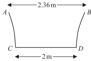 Figure 1: cross section ABCD of the pool; top AB is 2.36 m wide, flat bottom CD is 2 m wide, and the curved sides AC and BD bow outwards