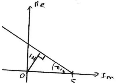 Handwritten sketch: a half-line from the point 5 on the horizontal axis making angle pi/3 with the axis, and the perpendicular |z| from O to the half-line