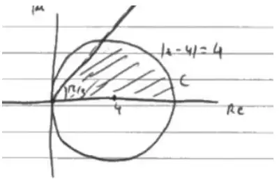 Candidate example: circle with |z - 4| = 4 and half line at pi/3, region inside circle above real axis and below half line shaded