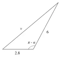 Vector triangle with sides 2.8, 6 and v, with angle π − α between the sides 2.8 and 6