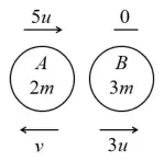 Diagrams: A (2m) at 5u and B (3m) at rest before; afterwards B moves at 3u, and A moves at v forwards (left diagram) or backwards (right diagram)