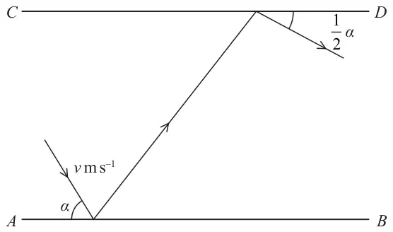Figure 2: plan view of parallel walls AB and CD; the ball approaches AB with speed v m/s at angle α to AB, rebounds to hit CD, and then moves away at angle ½α to CD