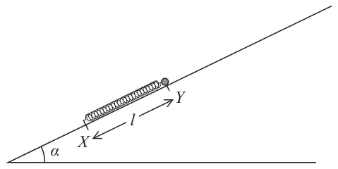 Figure 2: a spring on a plane inclined at angle α, fixed at X, with the package at Y a distance l up the line of greatest slope