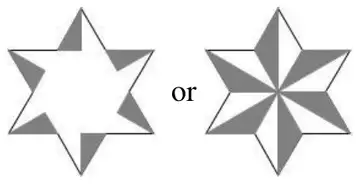 Two example shadings of the star, each shading one half of every point in the same rotational sense (a pinwheel pattern), the second also with shaded spokes to the centre