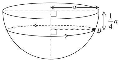 Figure 1: hemispherical shell of radius a, rim horizontal and uppermost; bead B moves in a horizontal circle whose centre is a/4 below the level of the rim