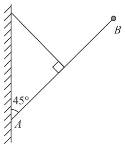 Figure 3: flagpole AB hinged at A on a vertical wall, at 45 degrees to the wall; a cable from the wall above A meets the pole at right angles at its midpoint; a ball at B