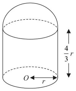 Figure 3: composite solid: a cylinder of radius r and height 4r/3 with a hemisphere on top; O is the centre of the bottom plane face