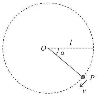 Figure 5: dashed vertical circle with centre O and radius l; OP makes angle alpha below the horizontal radius, and P moves with speed v