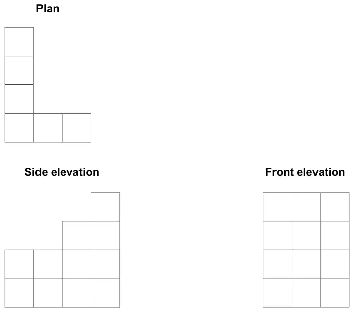 Plan: an L shape of a column of 4 squares with 2 more squares to the right of the bottom square. Side elevation: 4 columns of heights 2, 2, 3, 4. Front elevation: a 3 by 4 rectangle of squares