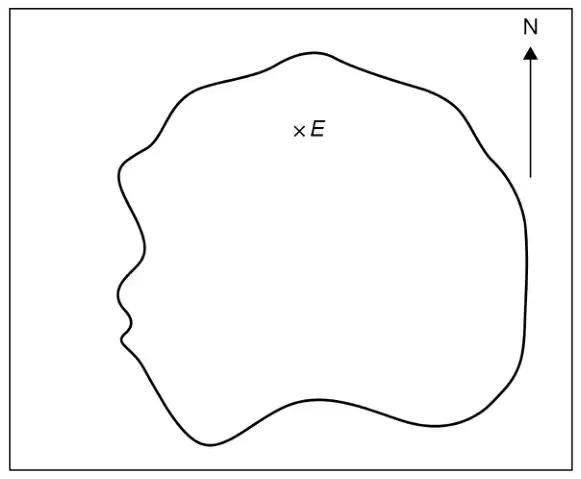 Map of an island with a North arrow and the airport E marked near the top of the island