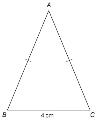 Isosceles triangle ABC with A at the top, AB and AC marked equal, and base BC = 4 cm