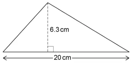 Triangle with base 20 cm and perpendicular height 6.3 cm shown as a dashed line