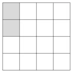 A 4 by 4 centimetre grid with the top two squares of the first column shaded