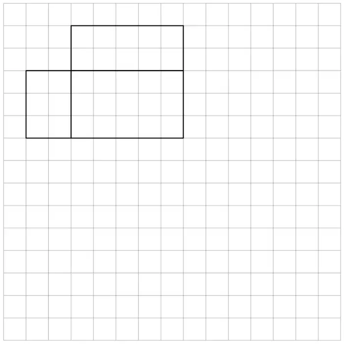 Centimetre grid with part of the net drawn: a 5 by 2 rectangle above a 5 by 3 rectangle, with a 2 by 3 rectangle to the left of the 5 by 3 rectangle