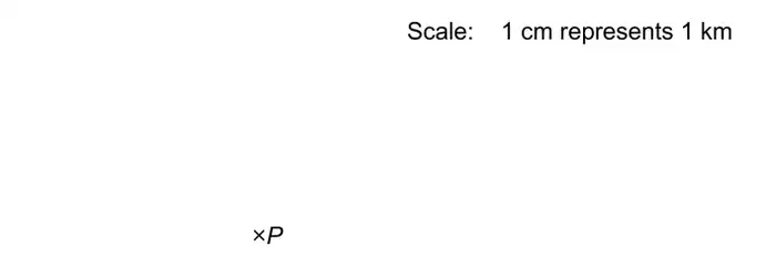 Scale: 1 cm represents 1 km. A point marked P