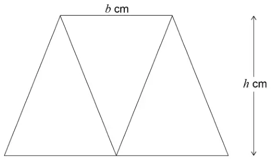 Trapezium made of three isosceles triangles: two pointing up with bases on the bottom edge and one pointing down between them. Top edge b cm, height h cm