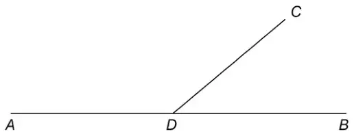 Straight line ADB with D between A and B. Line DC goes up and to the right from D