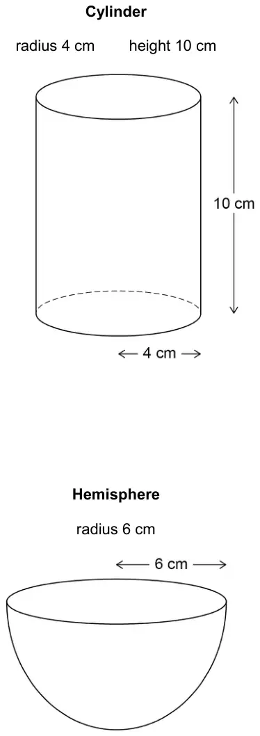 Cylinder with radius 4 cm and height 10 cm. Hemisphere with radius 6 cm