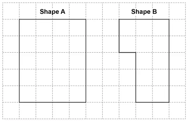 Two shapes on a square grid. Shape A is a rectangle 4 squares wide and 5 squares tall. Shape B is 3 squares wide and 5 squares tall with a 1 by 3 rectangle missing from its bottom left corner