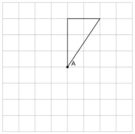 Square grid 8 by 8. A right-angled triangle has its right angle at the top of a vertical side; the vertical side is 3 squares long with point A at its bottom, and the top side is 2 squares long. The hypotenuse joins A to the far end of the top side