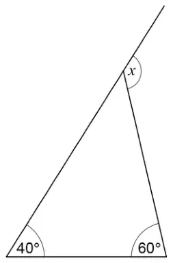 Triangle with base angles 40° and 60°. The left side is extended beyond the top vertex, and x is the exterior angle at the top vertex