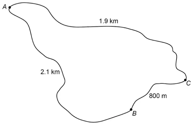 Curved paths: A to C is 1.9 km, C to B is 800 m, A to B is 2.1 km