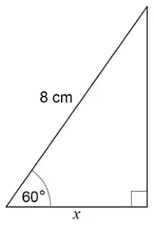 Right-angled triangle with hypotenuse 8 cm and an angle of 60° between the hypotenuse and the side x