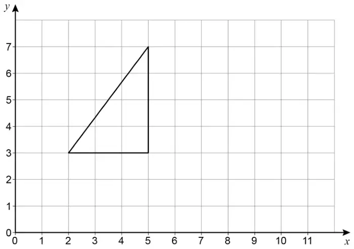 Grid with x from 0 to 11 and y from 0 to 7. Triangle with vertices (2, 3), (5, 3) and (5, 7)