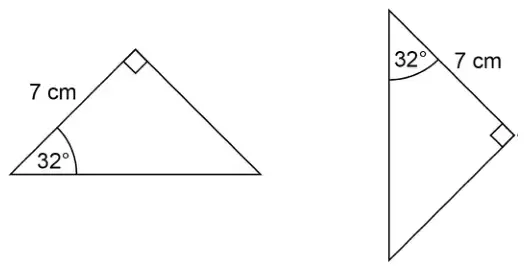 Two right-angled triangles. Each has a side of 7 cm and an angle of 32 degrees at one end of the 7 cm side, with the right angle at the other end of the 7 cm side