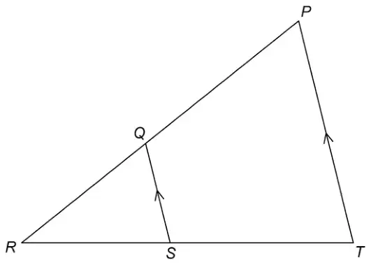 Triangle PRT with Q on PR and S on RT. QS is parallel to PT (arrows)