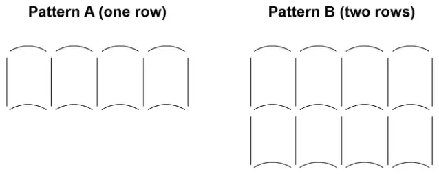 Pattern A (one row): a row of 4 cells, each with two vertical straight lines and an arc at the top and bottom. Pattern B (two rows): two such rows, one above the other