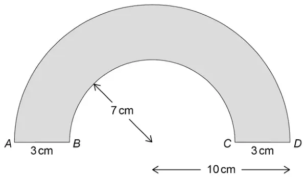 Cross section: a semicircular ring. The outer arc AD has radius 10 cm and the inner arc BC has radius 7 cm, measured from the same centre. AB = 3 cm and CD = 3 cm along the base