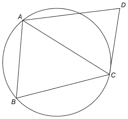 Circle with points A, B and C on it, forming triangle ABC. D is outside the circle, joined to A and to C, with CD a tangent at C