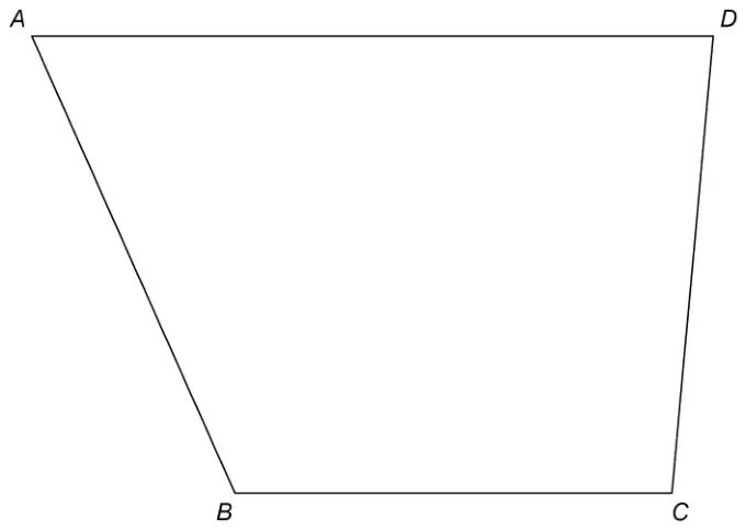 Quadrilateral ABCD with AD at the top, BC at the bottom, AB sloping and DC almost vertical