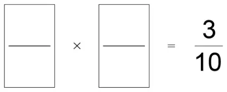 Two empty fraction boxes multiplied together equal three tenths