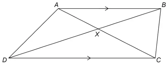 Trapezium ABCD with AB parallel to DC, AB at the top and DC at the bottom; diagonals AC and BD cross at X