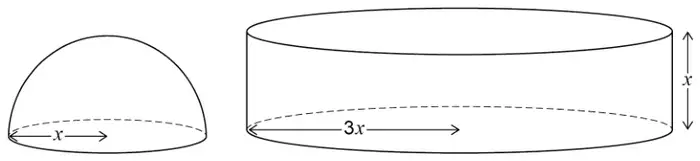 A hemisphere with radius x and a cylinder with radius 3x and height x