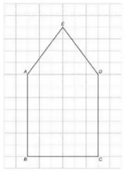Example of a fully correct pentagon on a grid: rectangle ABCD 7 cm by 6 cm with vertex E above, midway between A and D