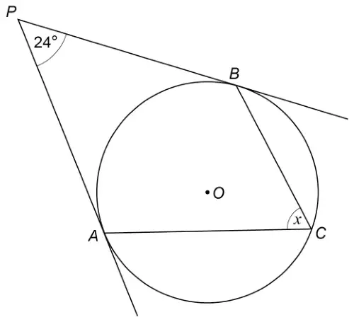Circle centre O with points A, B and C on the circle. Tangents from P touch the circle at A and B; angle APB is 24°. Chords AC and BC are drawn and angle ACB is x
