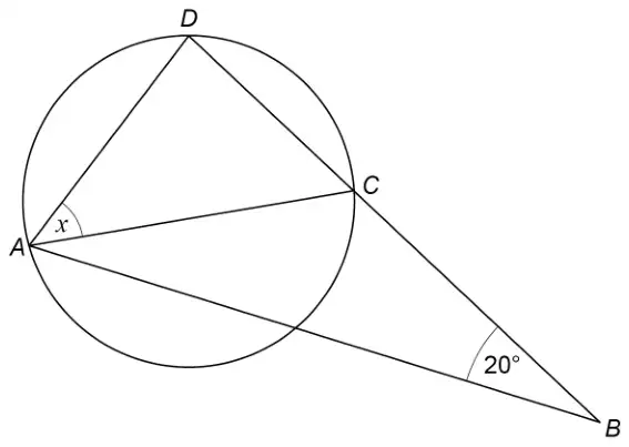 Circle through A, C and D with diameter AC. B is outside the circle; BCD is a straight line and AB is drawn. Angle ABC is 20° and angle CAD is x