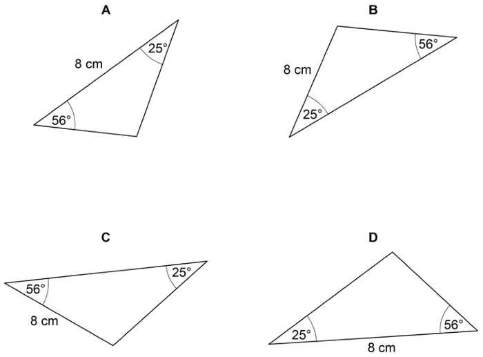 Four triangles A, B, C and D, each with angles 25° and 56° and a side of 8 cm in different positions
