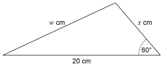 Triangle with base 20 cm, side x cm making an angle of 60° with the base, and third side w cm
