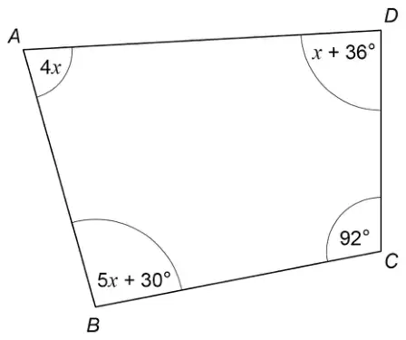 Quadrilateral ABCD. Angle A is 4x, angle B is 5x + 30°, angle C is 92° and angle D is x + 36°