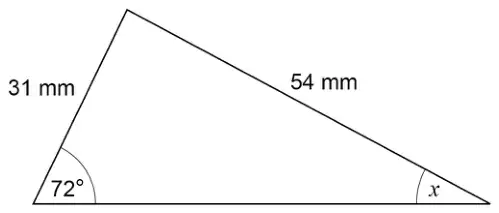 Triangle with sides 31 mm and 54 mm. The 72° angle is at the bottom left, opposite the 54 mm side. Angle x is at the bottom right, opposite the 31 mm side.