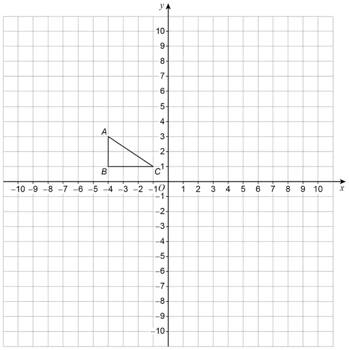 Grid with x and y from -10 to 10. Triangle ABC has A(-4, 3), B(-4, 1) and C(-1, 1)