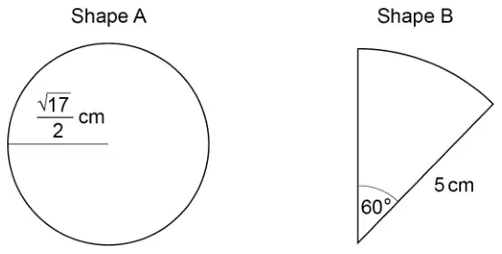 Shape A: a circle with radius √17/2 cm. Shape B: a sector with radius 5 cm and angle 60°