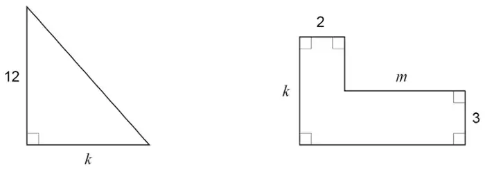 A right-angled triangle with height 12 and base k, and an L-shape with left side k, top width 2, a horizontal edge m, and right side 3; all corners of the L-shape are right angles