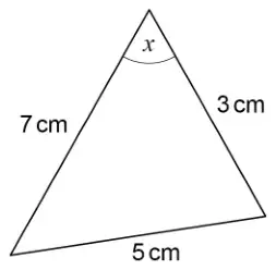 Triangle with sides 7 cm, 3 cm and 5 cm. The angle x is between the 7 cm and 3 cm sides, opposite the 5 cm side