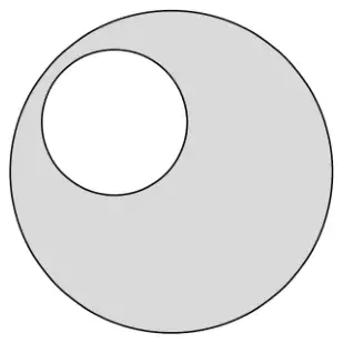 A small white circle inside a large circle. The region of the large circle outside the small circle is shaded