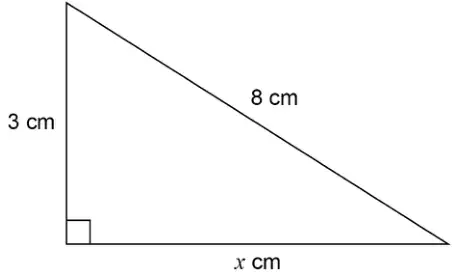 Right-angled triangle with hypotenuse 8 cm, vertical side 3 cm and horizontal side x cm